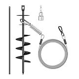 Heavy Duty 30FT Dog Tie Out Cable and Stake，360°Swivel Screw in Spike Auger Ground Stake Anchors for Large Medium Medium up to 220 lbs，Dog Outside Lead Cable for Yard, Lawn Beach, Camping