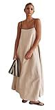 CHARTOU Women Summer Spaghetti Straps Linen Sleeveless Maxi Long Flowy Dress (Medium, Beige)