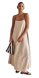 CHARTOU Women Summer Spaghetti Straps Linen Sleeveless Maxi Long Flowy Dress (Medium, Beige)