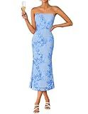 ZESICA Women's Summer Strapless Floral Midi Dress 2026 Bodycon Mesh Tube Wedding Guest Cocktail Party Formal Dresses Blue Medium