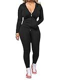 AUXDIO Women 2 Piece Outfits Casual Workout Sets Bodycon Tracksuit Zip Up Long Sleeve Hoodle Jacket Jogger Pants Set Black M
