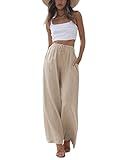 Faleave Women's Cotton Linen Summer Palazzo Pants Flowy Wide Leg Beach Trousers with Pockets(Khaki-M)