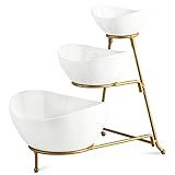 YHOSSEUN 3 Tier Serving Stand Oval Serving Bowl with Metal Rack, Tied Serving Bowls Food Display Dessert Appetizer, Chip and Dip Serving Bowl Set for Parties, Gold-45oz / 17.5oz / 7oz