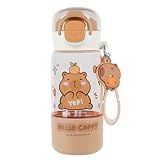Lebaley Capybara Water Bottle with Lid Keychain - 420ml/15oz Cute Water Bottles with Straw and Leak Proof Locking Lid, Bpa-free Plastic Kids Water Bottle for Boys Girls Outdoor Sports Capybara Stuff