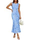 ZESICA Womens 2026 Summer Floral Wedding Guest Midi Dress Sleeveless Mesh Slit Bodycon Formal Cocktail Party Dresses Blue Small