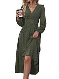 Mettclasi Women's Spring Fall Swiss Dot V-Neck Midi Dress Casual Puff Long Lantern Sleeve A-Line Flowy Wedding Guest Dress - Army Green, Medium