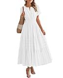 BTFBM Womens Summer 2026 Casual Midi Maxi Dresses Lightweight Short Sleeve V Neck Elastic Waist Boho Beach Dress Pockets(White, Large)
