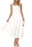 MEROKEETY Women's 2026 Summer Sleeveless Midi Dress Square Neck Smocked Flowy A Line Beach Dresses, Ivory, Large