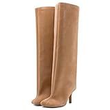 VOZTOLLS Women's Knee High Boots Suede Wide Calf Stiletto Tall Booties Square Toe Pull On High Heel Riding Long Boots for Women Ladies Fahion Dress Boots Nude Size 9