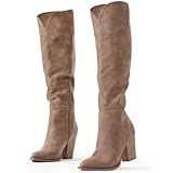 Putu Womens's Knee High Boots High Heel Western Boots Pointed Toe Tall Boots Faux Leather Brown 7.5