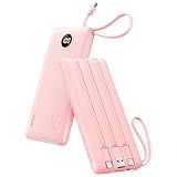 VRURC Portable Charger Power Bank, 10000mAh Travel Essentials Battery Pack, Compact Charging Bank Built-in Cables Cords Compatible with iPhone 17 Pro 17 16 15 14 13, Samsung Phones-Pink(1 Pack)