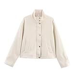 Xunger Women's Cropped Faux Suede Jacket Casual High Neck Utility Button Front Coat Streetwear Outerwear with Pockets(1090-Beige-L-RD)