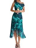 BerryGo Women Summer One Shoulder Maxi Dress Floral Ruched Mesh Bodycon Asymmetrical Date Night Formal Wedding Guest Dress(Green Floral L)