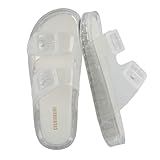 CUSHIONAIRE Pool Slides For Women Waterproof Double Buckle Adjustable Slip-On Womens Sandals For Beach Shower Casual Wear, CLEAR 9
