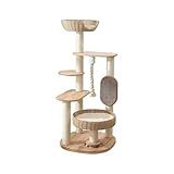 JLDUQKUM Wooden Cat Tree for Large Cat, 49.6-Inch Tall Cat Tower with Scratching Post for Indoor Cats, Multi-Level Cat Condo with Hand-Woven Cat Bed and Scratching Board Easy to Clean