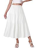 Kingfancy Women's Boho Midi Skirt A-Line Ruffle Elastic High Waist Tiered Flowy Skirts White S