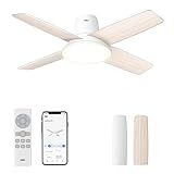 DREO Ceiling Fans with Lights, 12 Speeds & 3 Fan Modes, Quiet DC Motor, Low Profile Easy to Install, Flush Mount Smart Ceiling Fan with Dimmable LED, 12H Timer for Bedroom, Remote, White, 44''