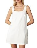 Burtell Summer Sleeveless Cotton Linen Mini Dress for Women Casual Square Neck Backless Short Dress Solid Tank Shift Dress White