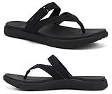 COFACE Womens Orthopedic Flip Flops Ladies Slip On Athletic Yoga Mat Memory Foam Cushioned Recovery Walking Thong Sandals Summer Beach Pool Slippers Plantar Fasciitis Arch Support All Black Size 9.5