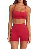 SUUKSESS Women 2 Piece Workout Sets Padded Halter Sports Bras High Waisted Biker Shorts with Pockets Built in Bra Athletic Tops (Red, M)