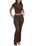 ANRABESS Lounge Sets for Women 2 Piece Foldover Yoga Flare Leggings Pants Crop Tops Casual Y2K Outfits Matching Tracksuit Set Brown X-Small