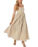 chouyatou Women's Striped Back Smocked Maxi Dress Sexy Spaghetti Strap Cut Out Flowy Swing Long Dress (Medium, Apricot)