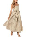 chouyatou Women's Striped Back Smocked Maxi Dress Sexy Spaghetti Strap Cut Out Flowy Swing Long Dress (Medium, Apricot)