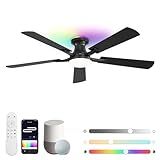 ZMISHIBO 52 Inch Smart Ceiling Fans with RGB Lights, Low Profile Flush Mount Ceiling Fan with Alexa/App/Remote Control, Dimmable 20W LED Light, Black Modern Fan for Living Room, Bedroom, Game Room