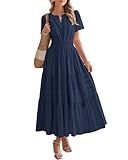 BTFBM Womens Summer 2026 Casual Midi Maxi Dresses Lightweight Short Sleeve V Neck Elastic Waist Boho Beach Dress Pockets(Navy, Large)