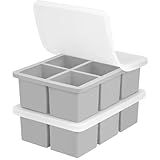 Large Silicone Ice Cube Tray 2Pack, SAWNZC Big Square Ice Cube Molds for Whisky Cocktail, Ice Maker Tray with Lid for Freezer, Easy Release (2, Grey)