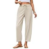 Puimentiua Womens Linen Pants Summer Lightweight Breathable Elastic Waist Drawstring Beach Vacation Pants with Pockets,Khaki,M