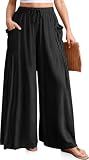 TARSE Women's Wide Leg Linen Pants Flowy Casual Palazzo Trousers Black