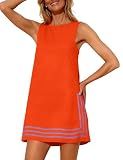 Freyhem Womens Summer Boho A-Line Mini Dress Sleeveless Sundress Color Block Beach Coverups(Orange-S)