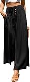 TARSE Womens Wide Leg Linen Pants Loose Casual Palazzo Trousers Black