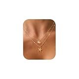 HABIKIP Seashell Starfish Necklace for Women, Layered 14K Gold Plated Shell Conch Pearl Pendant Charm Necklace Dainty Cute Non Tarnish Double Chain Stack Jewelry for Summer Beach Vacation