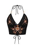 SHENHE Women's Open Back Knitted Halter Crop Top Tie Backless Embroidered Hippie Top Black A Medium