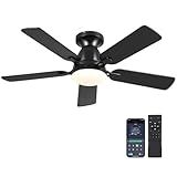 Mpayel Ceiling Fans with Lights- 46" Low Profile Indoor Ceiling Fan with Light and Remote/APP Control, Flush Mount, LED Dimmable DC Reversible Modern Ceiling Fan for Bedroom(Black)