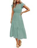 ZESICA Women's Summer Casual Short Sleeve Smocked Midi Dress Sage M