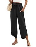 LOMON Linen Pants Women Summer Boho Wide Leg Capri Palazzo (Black,L)