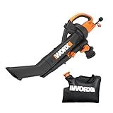 WORX WG505 Trivac 12 Amp 3-in-1 Electric Leaf Blower/Leaf Vacuum/Mulcher, Metal Impeller for Fine Mulching