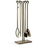 FEED GARDEN 29 Inch Fireplace Tools Set 5 Pieces Wrought Iron Fire Place Set Tools Indoor Outdoor Fireplace Accessories with Poker, Tongs, Shovel, Brush, Base, Antique Bronze