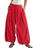 ReachMe Women's Elastic High Waist Wide Leg Balloon Pants(Red,S)