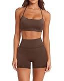 SUUKSESS Women 2 Piece Workout Sets Padded Halter Sports Bras High Waisted Biker Shorts with Pockets Built in Bra Athletic Tops (Brown, S)