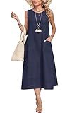 MOLERANI Women Midi Summer Casual Vacation Dresses with Pockets - Crewneck,Flowy,Sundress,Beach,Linen Dress,Lightweight,Travel Outfits,Navy Blue,XL