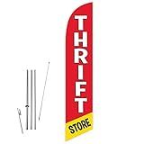 GLOBAL ADVERTISING SOLUTIONS Thrift Store Red Yellow Feather Flag Eye Catching Banner Sign for Business and Marketing Complete Set with 15 ft Pole Kit and Ground Spike