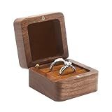 Wooden Ring Box for Wedding Ceremony 2 Slots,Small Square Solid Wood Double Ring Holder Case Box,Vintage Ring Bearer Box for Engagement Proposal,Rustic Jewelry Gift Storage Box-Brown