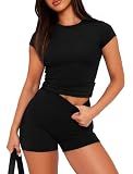 Sampeel Two Piece Sets for Women Summer Tshirt High Waist Shorts Workout Matching Comfiest Airport Outfits 2 Piece Pajamas Set Gym Clothes Fashion Fitness Clothing Black M