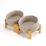 SPUNKYJUNKY 15° Slanted Ceramic Dog and Cat Bowl with Wooden Stand, Tilted Bulldog Food and Water Bowl No Slip Non-Spill for Cats Medium Dogs Big Face Pets 28.7 OZ (3.6 Cups, Grey × 2)