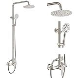 Aolemi Outdoor Shower Fixture SUS304 Shower Faucet Combo Set Stainless Steel 8 Rainfall Shower Head High Pressure Hand Spray Wall Mount 2 Dual Function Brush Nickel Single Handle