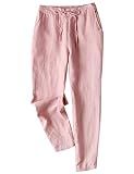 Tanming Linen Pants for Women Summer Casual High Waisted Drawstring White Beach Pant (Pink, M)